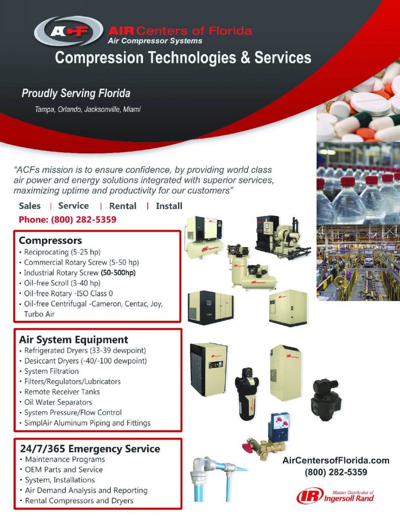 An advertising poster for Arle Compressors of Florida, showcasing their expertise in air compressor systems and services with a focus on industrial equipment.