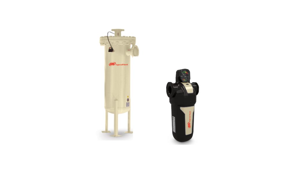 Two industrial filters from Arle Compressors of Florida on a white background, one vertical and large, the other smaller and horizontal with a digital display.
