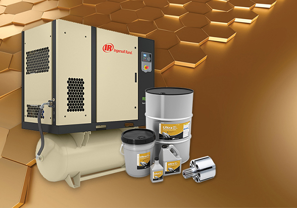 An industrial air compressor from Arle Compressors of Florida, accompanied by lubricant products, set against a graphic background with hexagonal patterns.