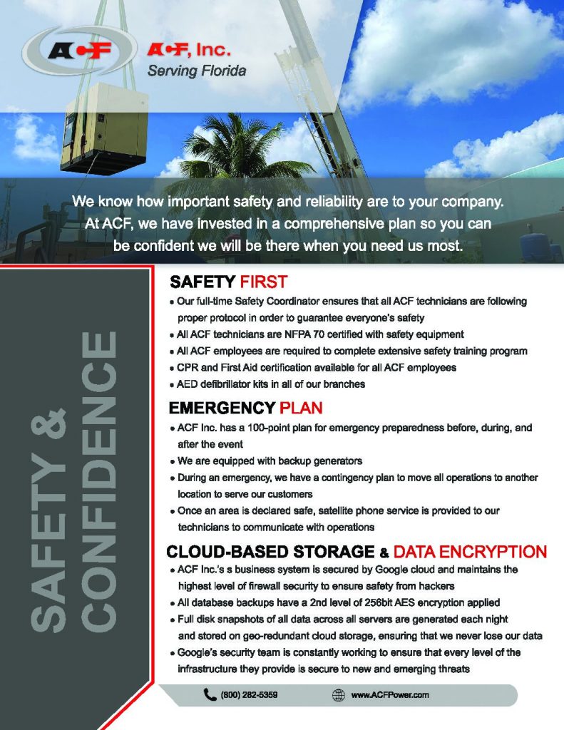 The image is a promotional poster for Arle Compressors of Florida, highlighting their commitment to safety, emergency, and confidence for their serving Florida area. It lists various measures and certifications to assure clients