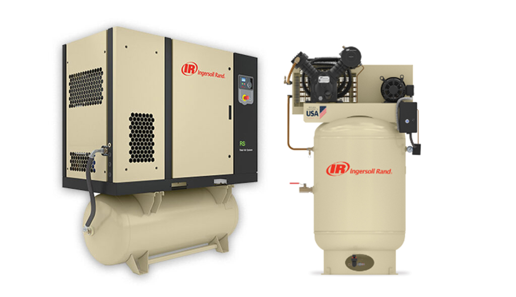 Industrial air compressor system by Arle Compressors of Florida with a rotary screw compressor on the left and a vertical tank on the right.