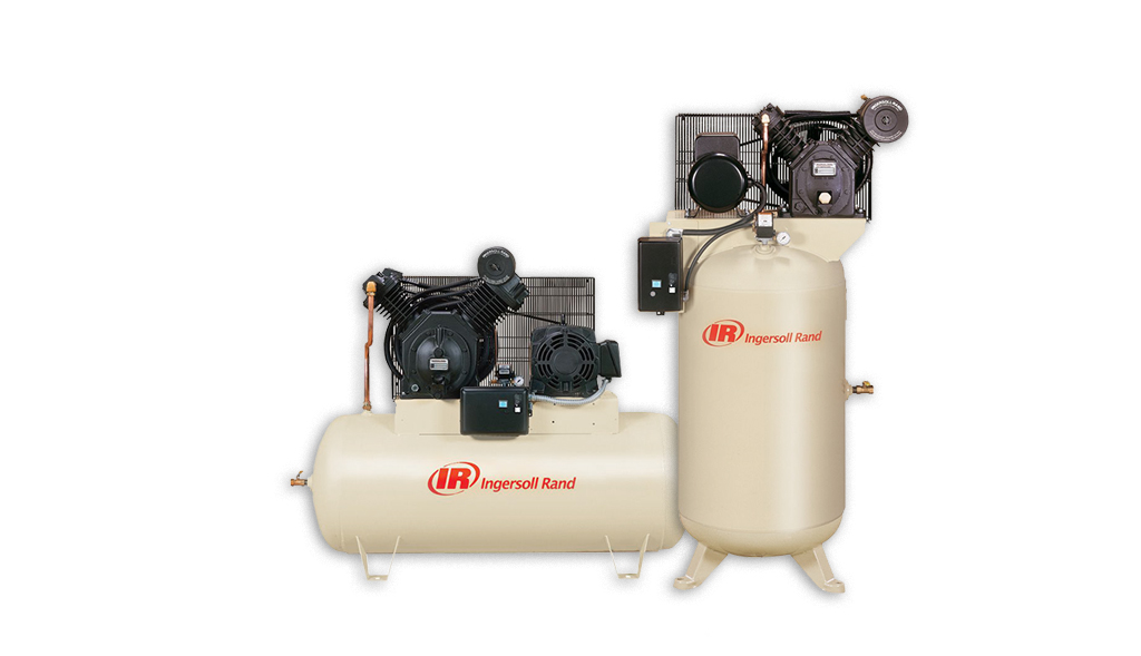 Industrial air compressor from Arle Compressors of Florida with horizontal tank and black motor mounted on top.