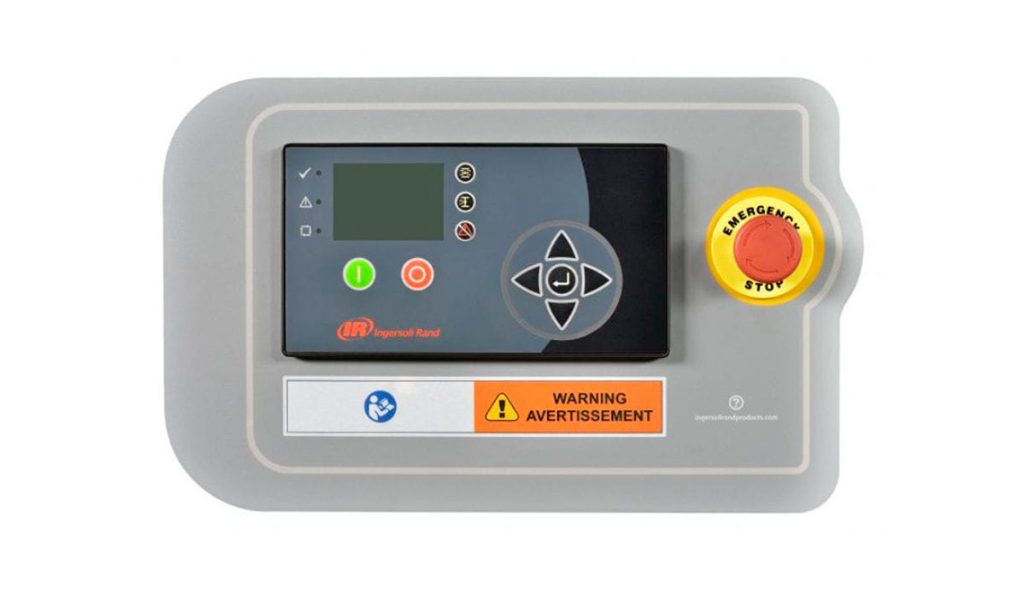 Industrial control panel for Arle Compressors of Florida with digital display, operational buttons, and emergency stop switch.