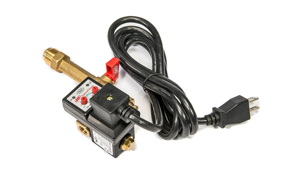 An electric solenoid valve with brass fittings and a black power cord from Arle Compressors of Florida on a white background.