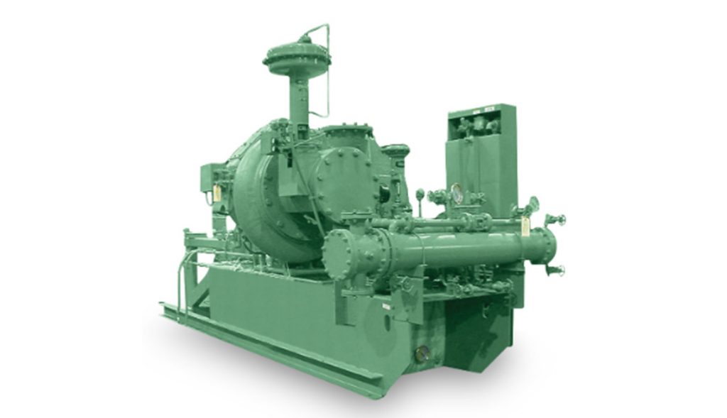 Industrial green piston compressor on a white background, used for pressurizing gases or air in a manufacturing or mechanical setting by Arle Compressors of Florida.