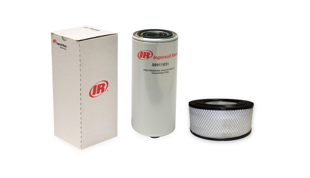 Three oil filter products displayed side by side: on the left, a boxed filter with Arle Compressors of Florida branding; in the center, a cylindrical filter still sealed; and on the right