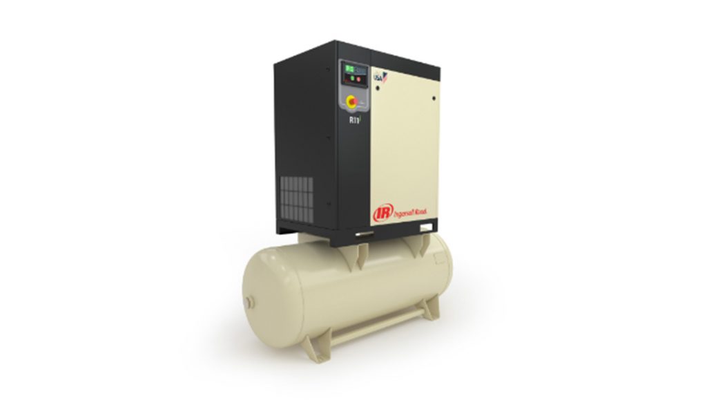 Stationary electric air compressor unit with horizontal storage tank from Arle Compressors of Florida.