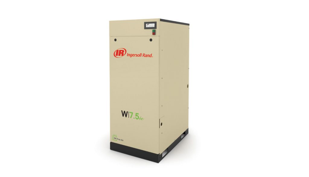 A stationary Arle Compressors of Florida ingersoll rand air compressor, model w7.5ie, with a beige and green exterior casing.