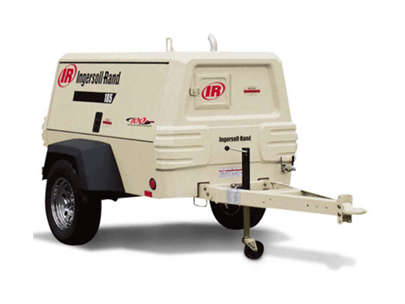 A portable Ingersoll Rand 185 air compressor mounted on a towable trailer, provided by Arle Compressors of Florida.