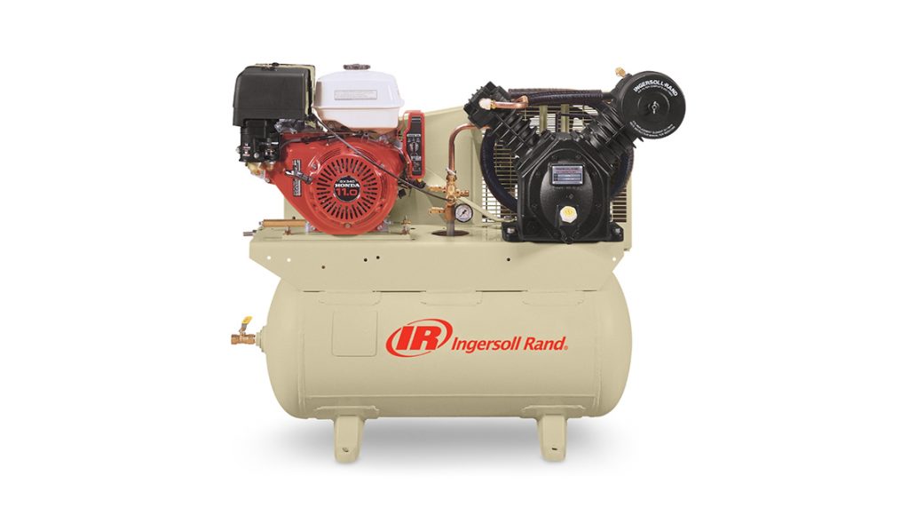 Industrial air compressor with a horizontal tank and dual motor setup, manufactured by Arle Compressors of Florida.
