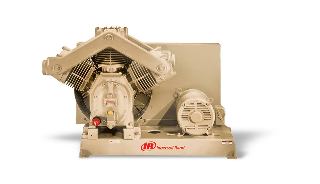 Stationary two-stage industrial air compressor with electric motor on a tan background by Arle Compressors of Florida.