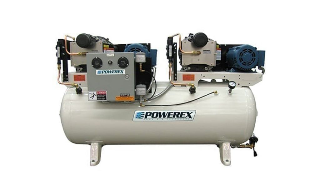 Dual-system air compressor mounted on a horizontal storage tank, featuring the brand "Arle Compressors of Florida.