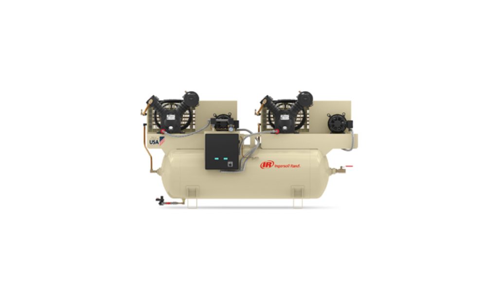 Arle Compressors of Florida industrial air compressor system with dual pumps and a large horizontal storage tank.