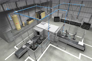 A modern industrial facility with an array of Arle Compressors of Florida and an intricate network of pipes, set against a backdrop of a sleek, gray-walled warehouse environment.